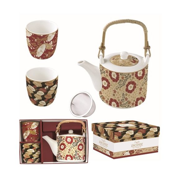 R2S.1467KIMO Porcelán teáskanna 600ml, fémszűrővel, 2 porcelánpohárral 160ml, dobozban, Kimono, Atmosphere