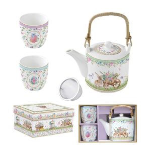 R2S.1467SPBL Porcelán teáskanna 600ml, fémszürővel, 2 porcelánpohárral 160ml, dobozban,Spring Bloom