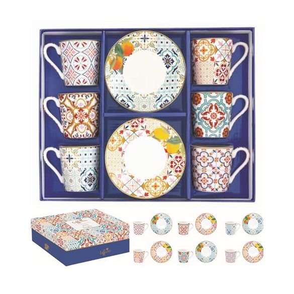 R2S.126SIRA Porcelán eszpresszócsésze+alj 6 személyes, 100ml, dobozban, Coffee Mania, Siracusa