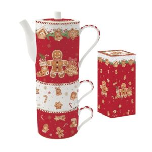 R2S.1346FANG Porcelán bögreszett 2 db, 240ml, teáskannával 500ml, egymásba sorolós, dobozban, Fancy Gingerbread