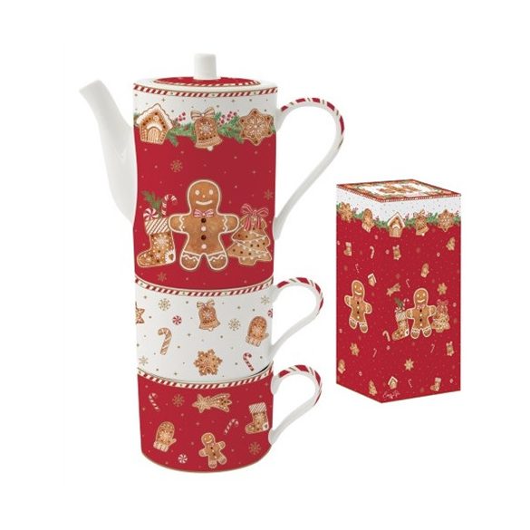 R2S.1346FANG Porcelán bögreszett 2 db, 240ml, teáskannával 500ml, egymásba sorolós, dobozban, Fancy Gingerbread