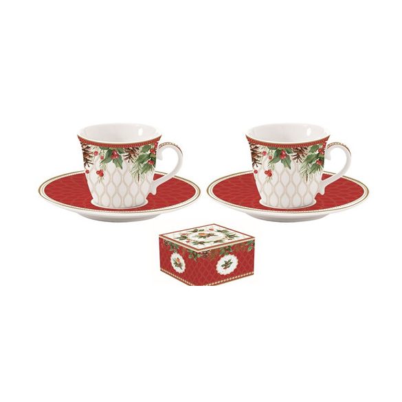 R2S.1175CHBE Porcelán eszpresszócsésze+alj 2 személyes, 80ml, dobozban, Christmas Berries