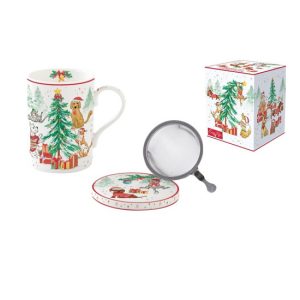 R2S.105CHGA Porcelán szűrősbögre tetővel, 350ml, dobozban, Christmas Gang