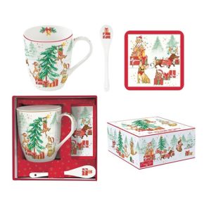 R2S.1045CHGA Porcelánbögre 350ml kanállal, parafa poháralátéttel, dobozban, Christmas Gang