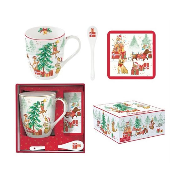 R2S.1045CHGA Porcelánbögre 350ml kanállal, parafa poháralátéttel, dobozban, Christmas Gang