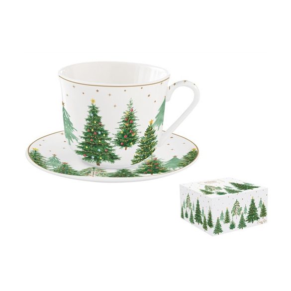 R2S.1478FTRE Porcelán reggelizőcsésze+alj 400ml, dobozban, Festive Trees