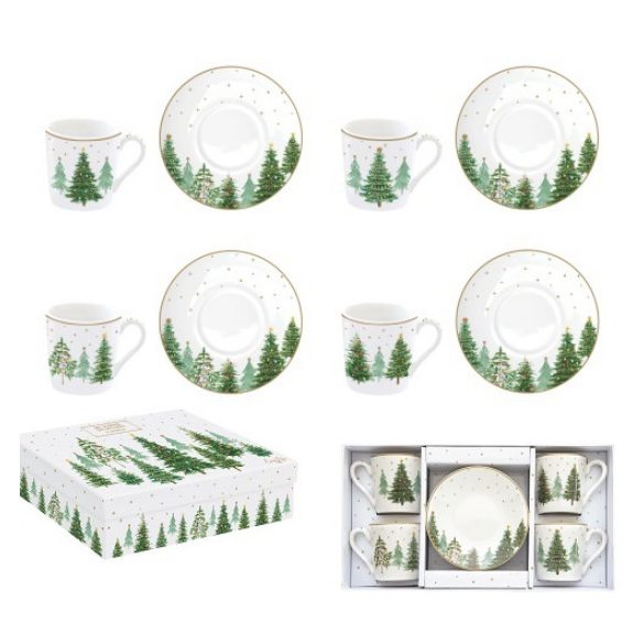 R2S.1475FTRE Porcelán eszpresszócsésze+alj 4 személyes, 100ml, dobozban, Festive Trees