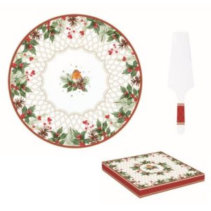 R2S.1112CHBE Porcelán tortatál lapáttal, 32cm, dobozban, Christmas Berries