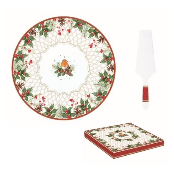 R2S.1112CHBE Porcelán tortatál lapáttal, 32cm, dobozban, Christmas Berries