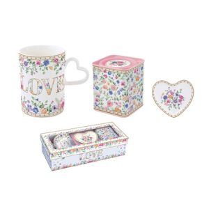 R2S.3108MAMO Porcelánbögre 350ml, +teafiltertartó 9x10cm+fémdoboz 7,5x7,5x9cm, ajándékszett dobozban, Mon amour