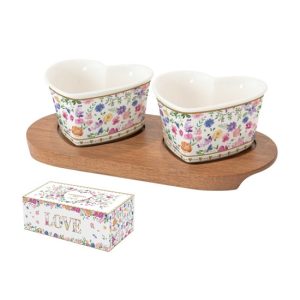 R2S.3113MAMO Porcelán szívtálka 2 db, akácfatálcán 21x10cm, dobozban, Mon Amour