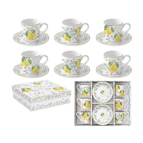 R2S.126FCIT Porcelán eszpresszócsésze+alj 6 személyes, 100ml, dobozban, Coffee Mania, Fleurs et Citrons