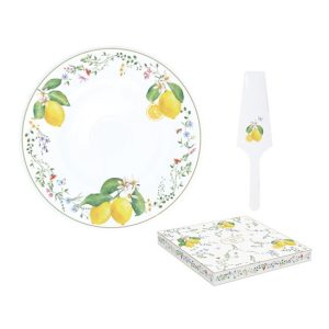 R2S.1112FCIT Porcelán tortatál lapáttal, 32cm, dobozban, Fleurs et Citrons