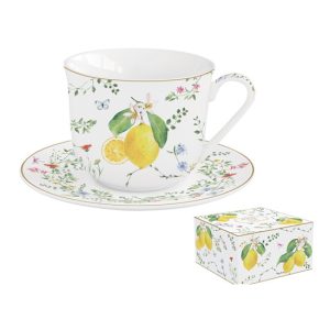 R2S.1182FCIT Porcelán reggelizőcsésze+alj 370ml dobozban, Fleur et Citrons