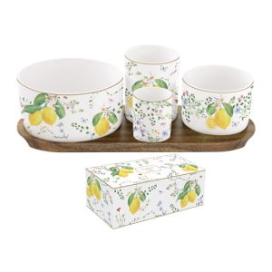 R2S.2073FCIT Porcelán kínálótálka szett 4db-os(dia:12/8/6,5/4,5cm),akácfa tálcán 29x13cm, dobozban, Fleurs et Citrons