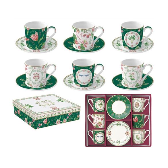 R2S.126BOCH Porcelán eszpresszócsésze+alj 6 személyes, 100ml, dobozban, Coffee Mania, Botanical Chic