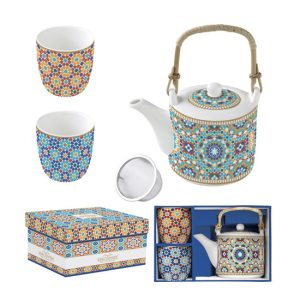 R2S.1467MARR Porcelán teáskanna 600ml, fémszűrővel, 2 porcelánpohárral 160ml, dobozban, Marrakech, Atmosphere