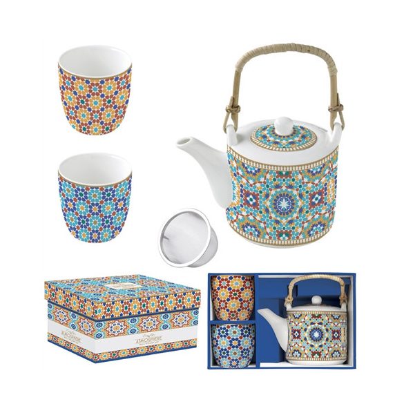 R2S.1467MARR Porcelán teáskanna 600ml, fémszűrővel, 2 porcelánpohárral 160ml, dobozban, Marrakech, Atmosphere