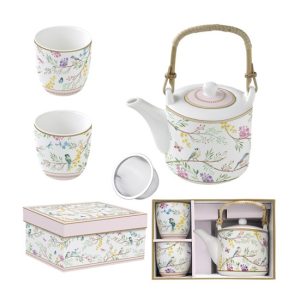 R2S.1467BIME Porcelán teáskanna 600ml, fémszürővel, 2 porcelánpohárral 160ml, dobozban, Birds Melody