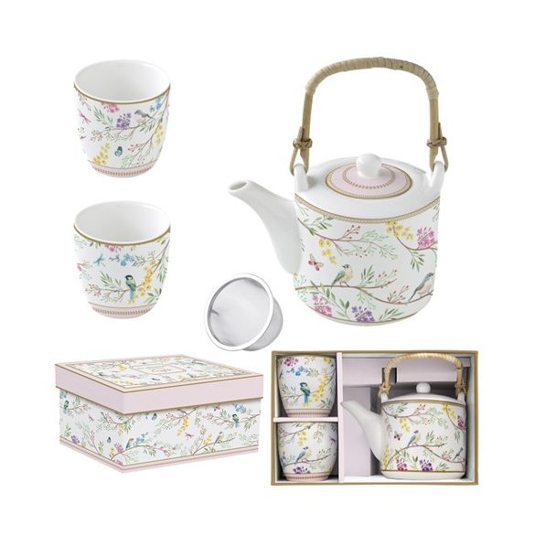 R2S.1467BIME Porcelán teáskanna 600ml, fémszürővel, 2 porcelánpohárral 160ml, dobozban, Birds Melody