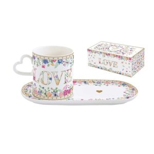 R2S.3114MAMO Porcelánbögre 320ml, porcelántálcán 23x12cm, dobozban,Mon Amour