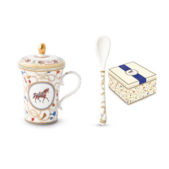 P.M.PM0139CHEV Porcelánbögre 300ml tetővel,kanállal dobozban, Cheval
