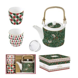 R2S.1467FACH Porcelán teáskanna 600ml, fémszűrővel, 2 porcelánpohárral 160ml, dobozban, Fancy Christmas, Atmosphere