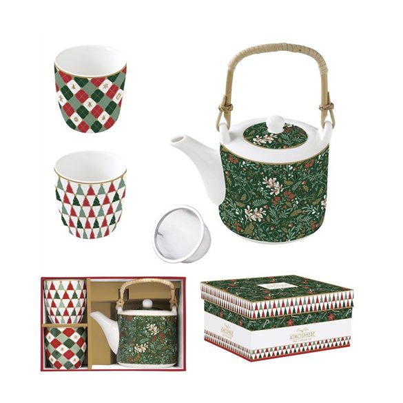 R2S.1467FACH Porcelán teáskanna 600ml, fémszűrővel, 2 porcelánpohárral 160ml, dobozban, Fancy Christmas, Atmosphere