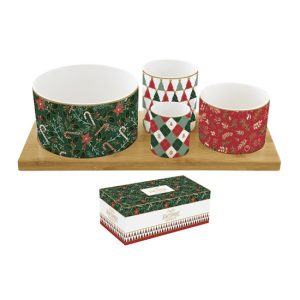 R2S.1468FACH Porcelán kínálótál 4 db-os szett:11,5/8/6,5/4,5cm átmérő, bambusztálcán 29x13cm, Atmosphere, Fancy Christmas