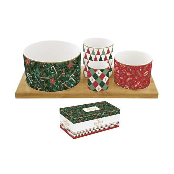 R2S.1468FACH Porcelán kínálótál 4 db-os szett:11,5/8/6,5/4,5cm átmérő, bambusztálcán 29x13cm, Atmosphere, Fancy Christmas