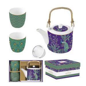 R2S.1467IMPP Porcelán teáskanna 600ml, fémszűrővel, 2 porcelánpohárral 160ml, dobozban, Imperial Peacock, Atmosphere