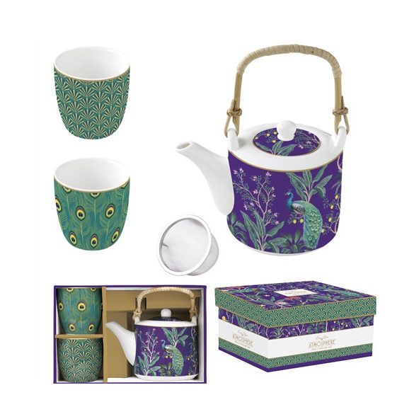 R2S.1467IMPP Porcelán teáskanna 600ml, fémszűrővel, 2 porcelánpohárral 160ml, dobozban, Imperial Peacock, Atmosphere