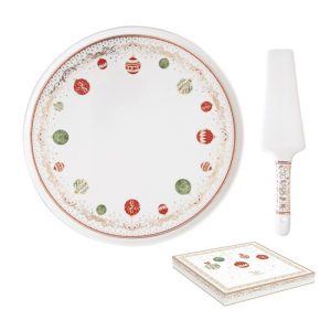 R2S.1112CEVE Porcelán tortatál lapáttal, 32cm, dobozban, Christmas Eve