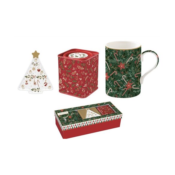 R2S.1498FACH Porcelánbögre 350ml, +teafiltertartó 8,5x10,5cm+fémdoboz 7,5x7,5x9cm, ajándékszett dobozban, Fancy Christmas, Atmosphere