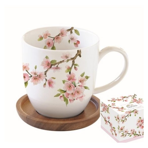 R2S.1080SAKU Porcelánbögre akácfa alátéttel,350ml,dobozban,Sakura