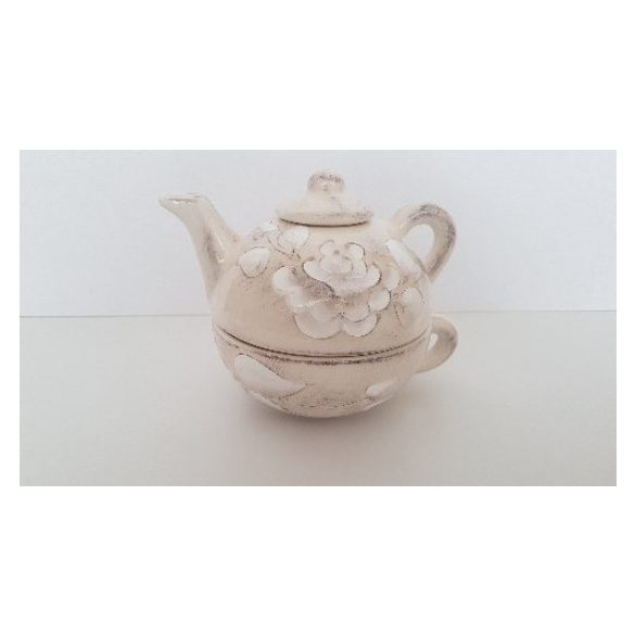 V.K.31-17 Domború mintás egyszemélyes teás,virágos natúr,kerámia, kézzel festett-2,5dl+2,5dl